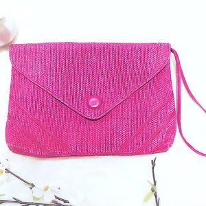 VINTAGE: Hot Pink Lovely Woven Wristlet Envelope w/Snap Closure Clutch Handbag